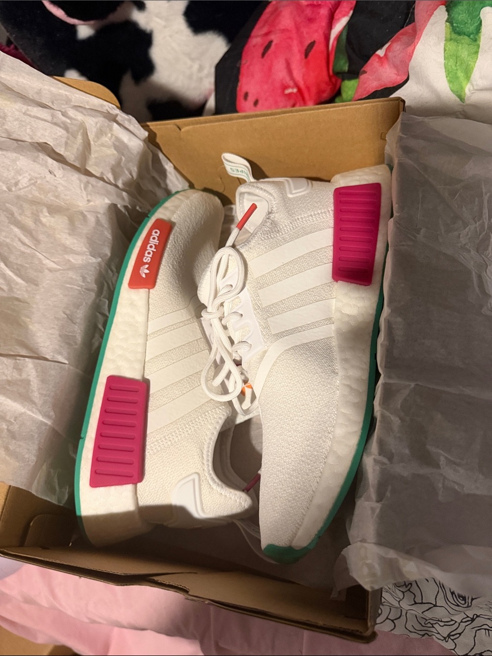 adidas White Sneakers with Pink and Teal Accents